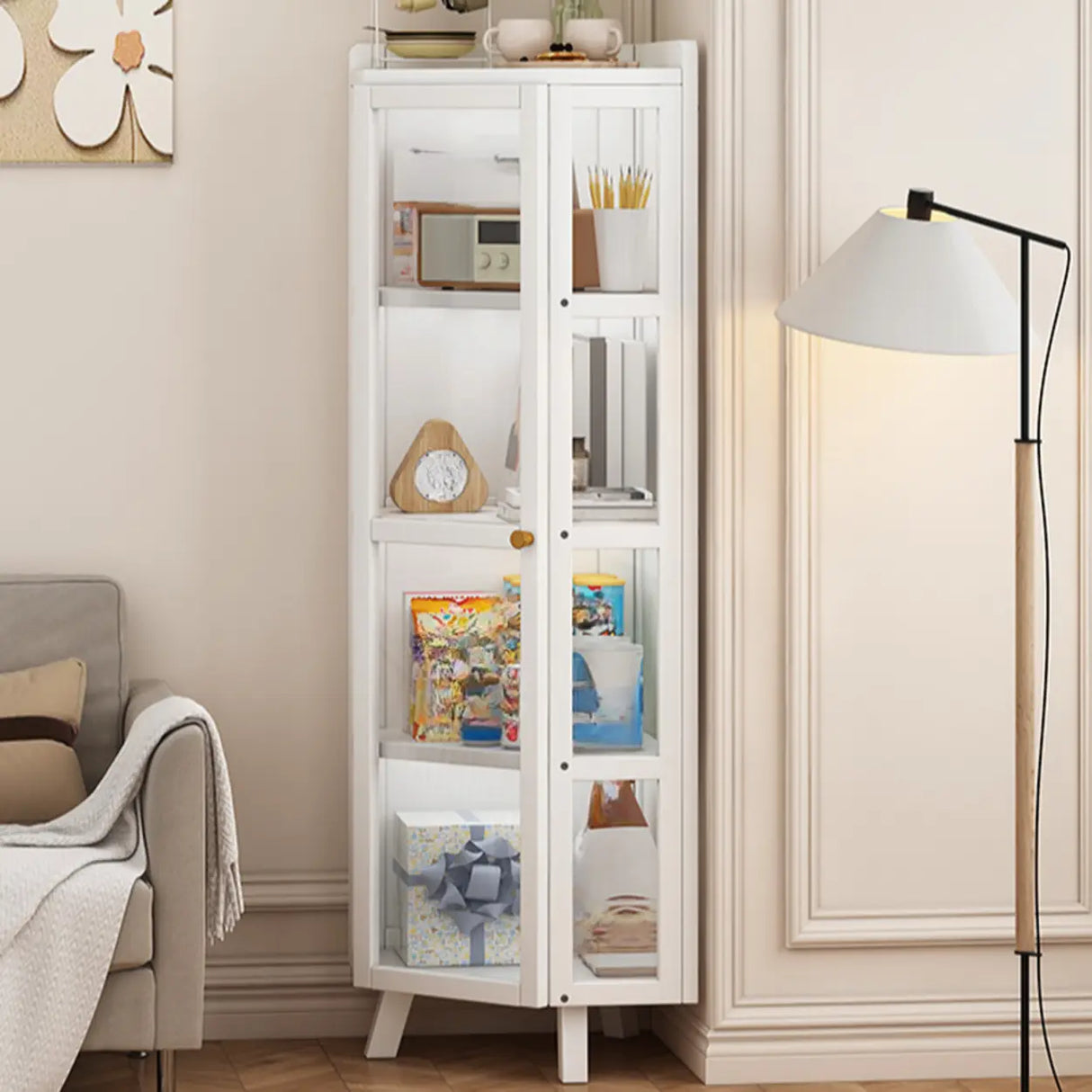 Simple Corner Glass Door White Narrow Display Bookcase Image - 2
