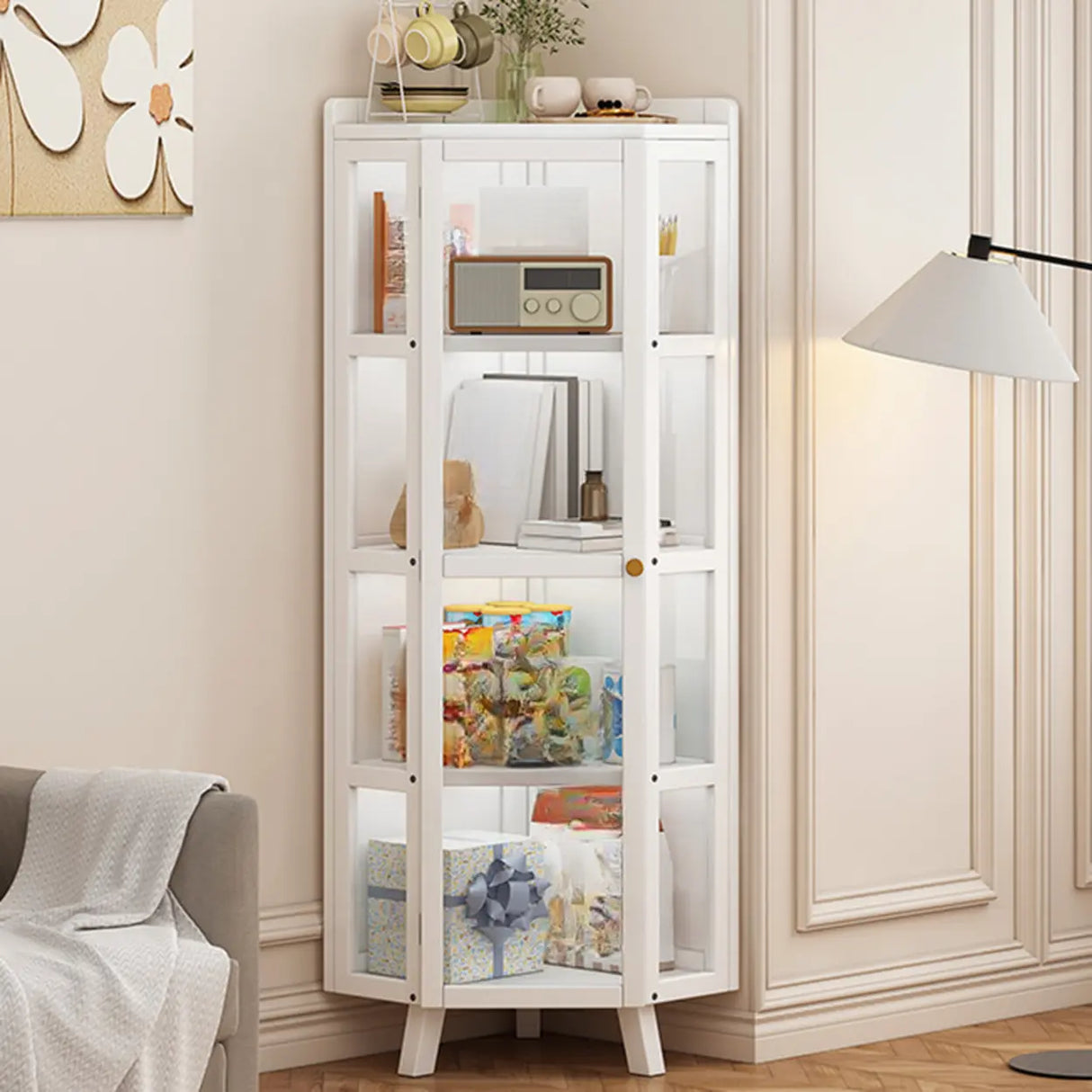 Simple Corner Glass Door White Narrow Display Bookcase Image - 3