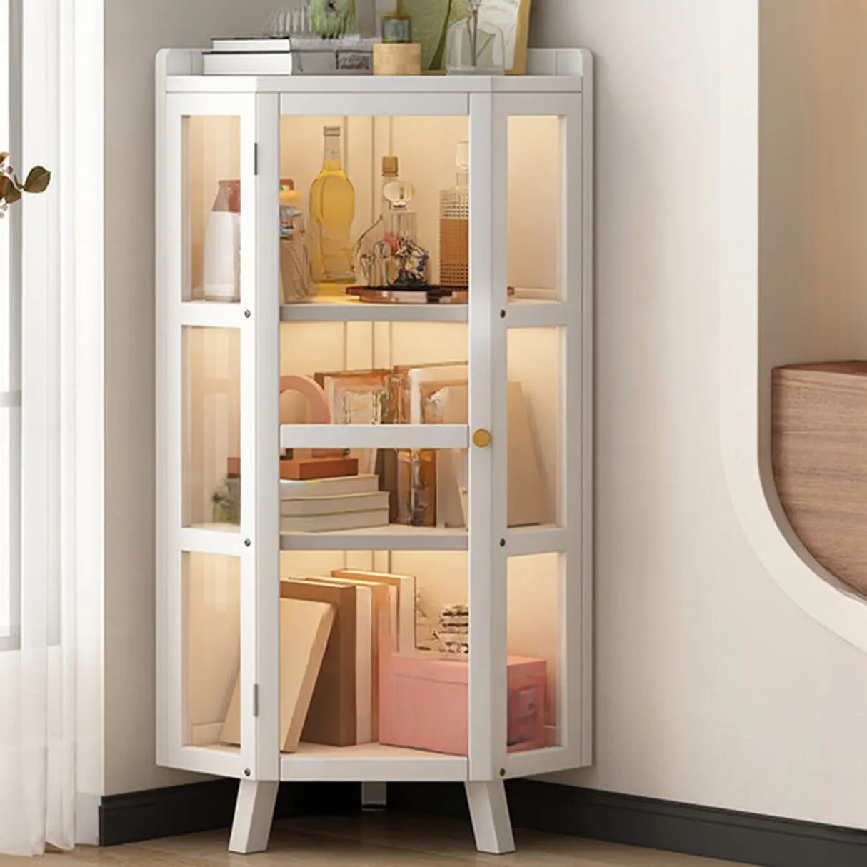 Simple Corner Glass Door White Narrow Display Bookcase Image - 4