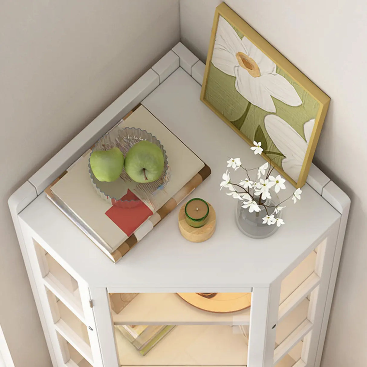 Simple Corner Glass Door White Narrow Display Bookcase Image - 7