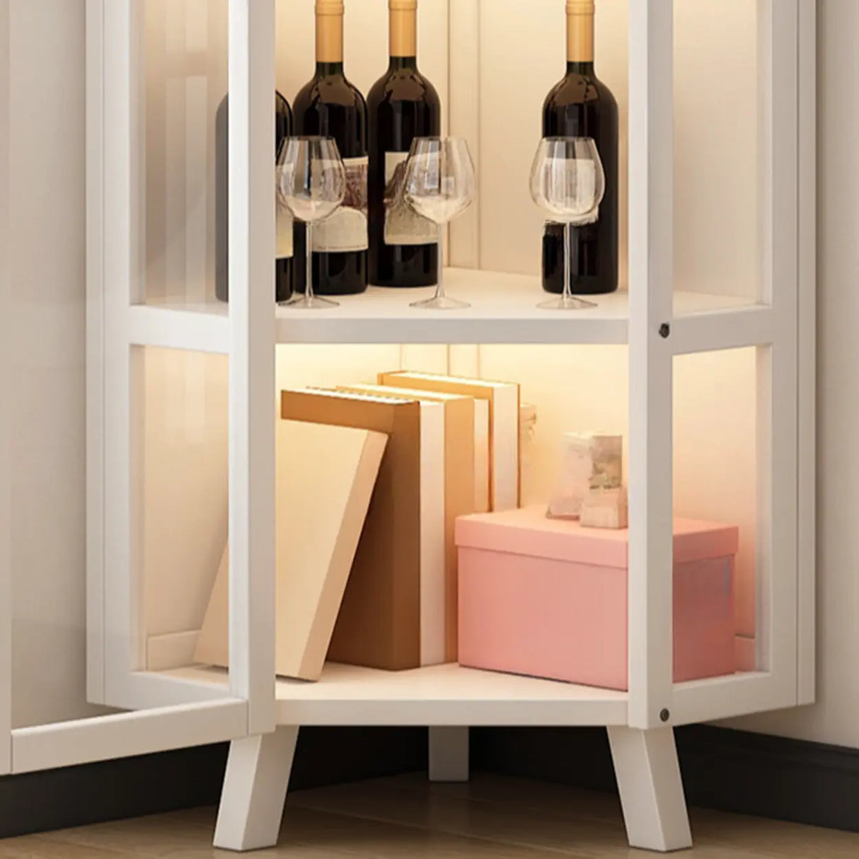 Simple Corner Glass Door White Narrow Display Bookcase Image - 8