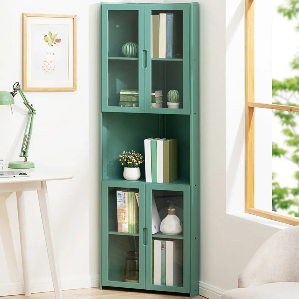 Simple Corner Wooden Green Storage Narrow Bookcase Image - 1