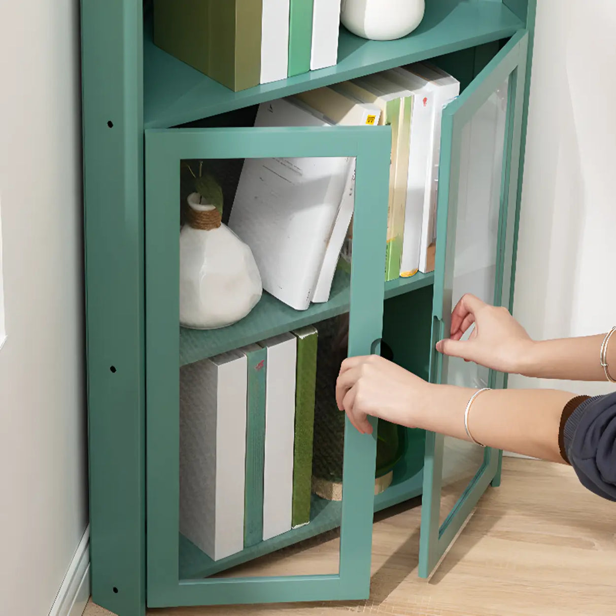 Simple Corner Wooden Green Storage Narrow Bookcase Image - 12