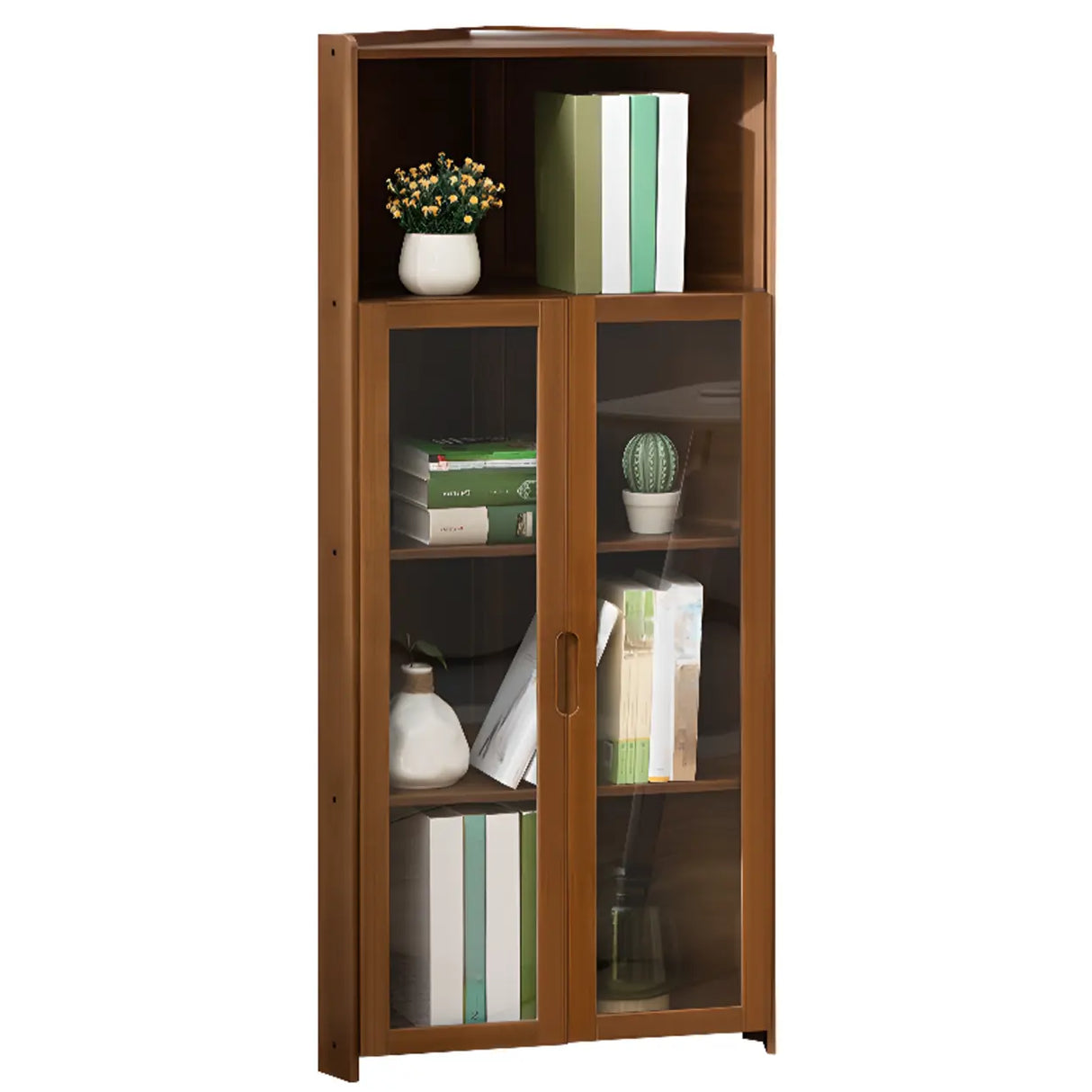 Simple Corner Wooden Green Storage Narrow Bookcase Image - 15