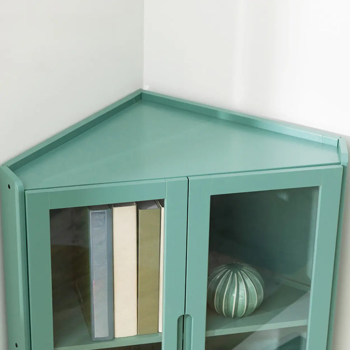 Simple Corner Wooden Green Storage Narrow Bookcase Image - 2
