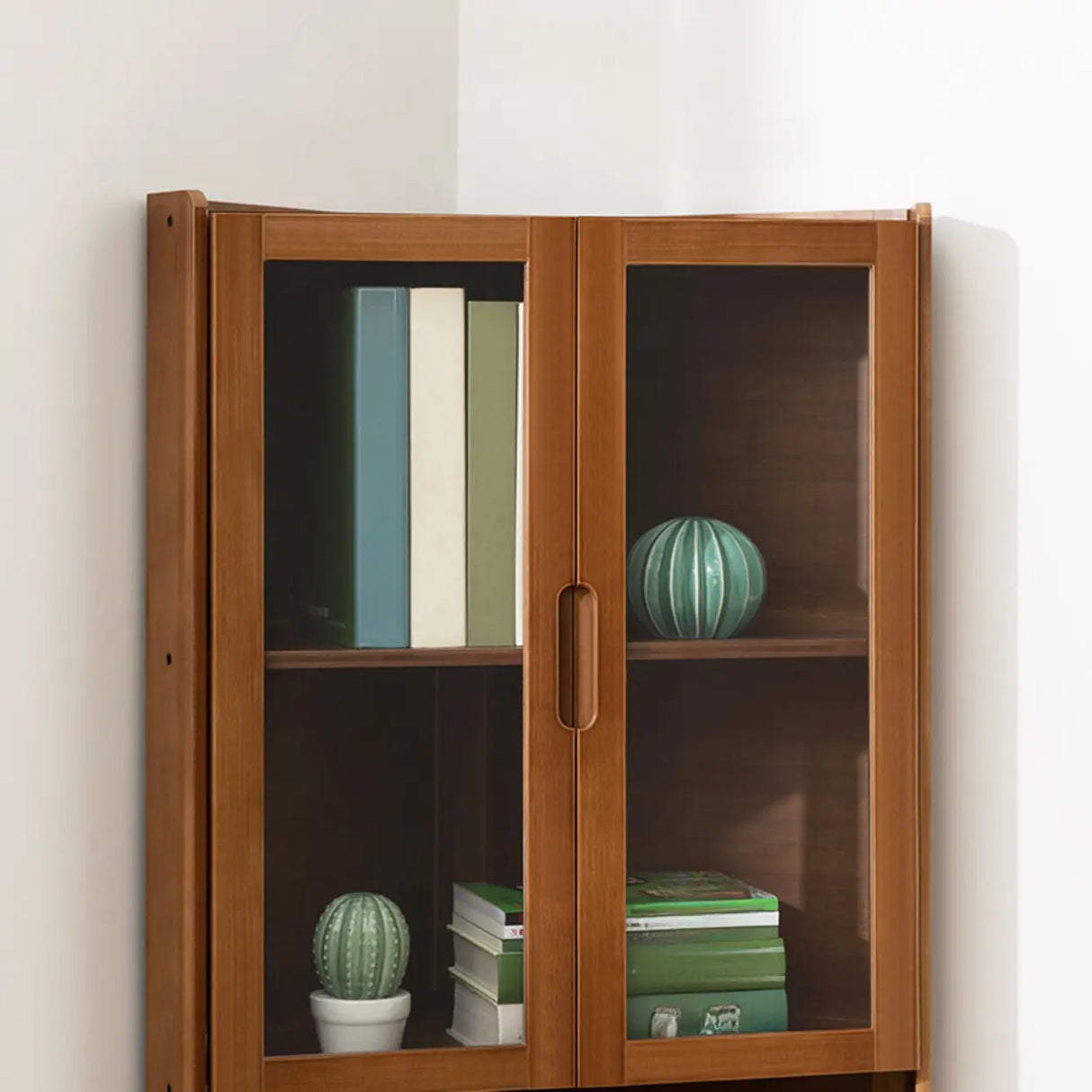Simple Corner Wooden Green Storage Narrow Bookcase Image - 3