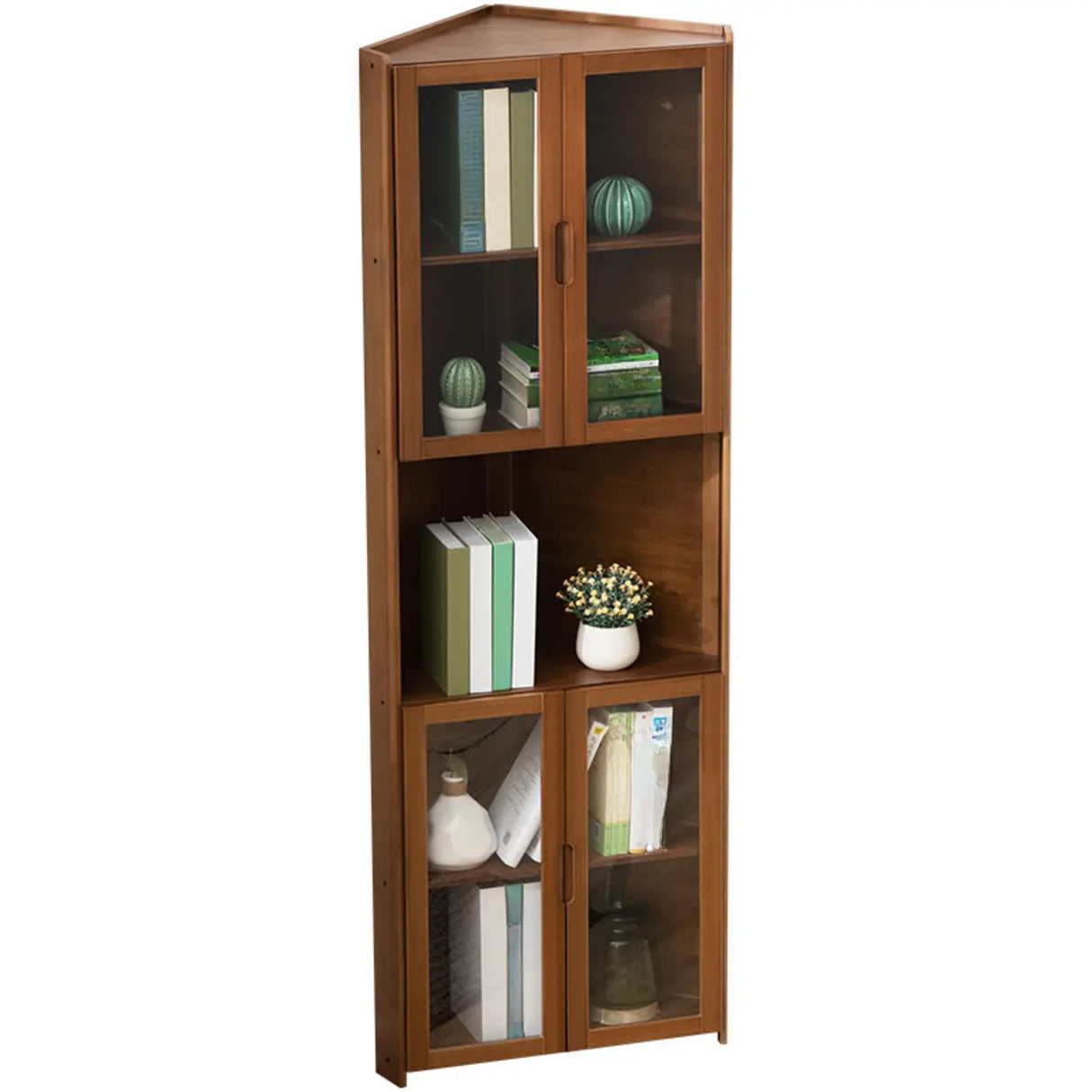 Simple Corner Wooden Green Storage Narrow Bookcase Image - 4