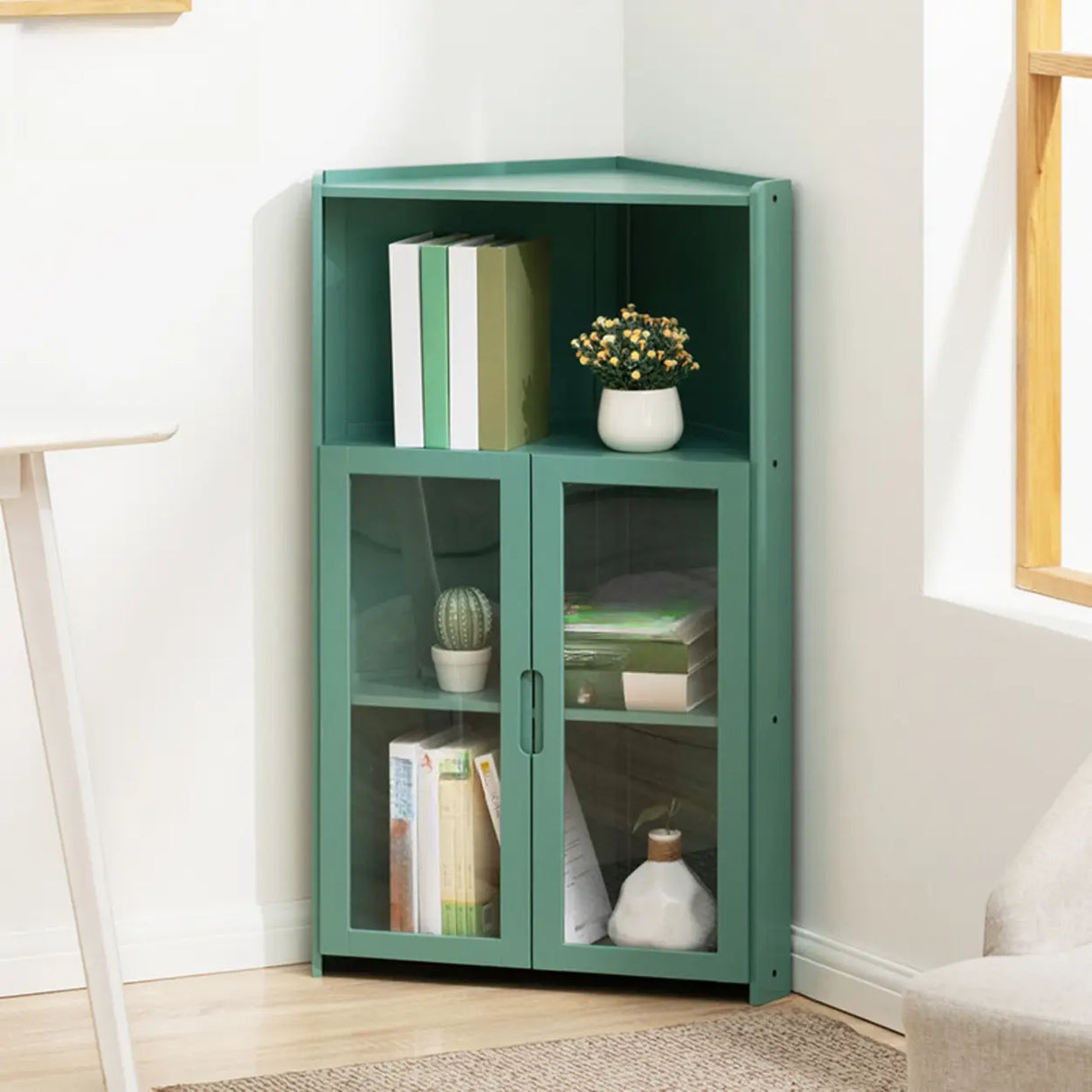 Simple Corner Wooden Green Storage Narrow Bookcase Image - 5