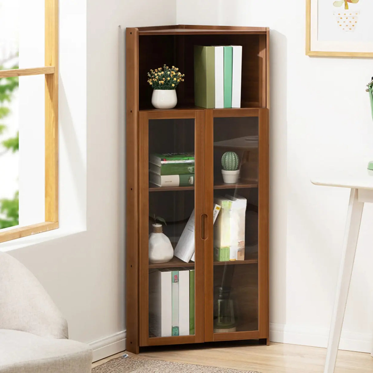 Simple Corner Wooden Green Storage Narrow Bookcase Image - 6