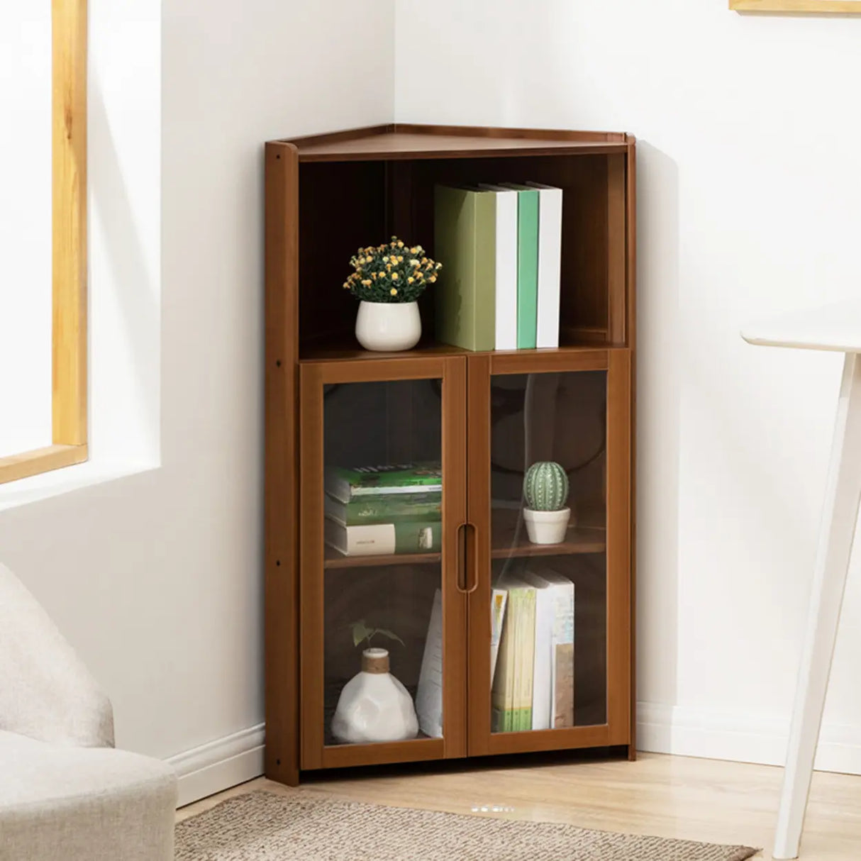 Simple Corner Wooden Green Storage Narrow Bookcase Image - 7
