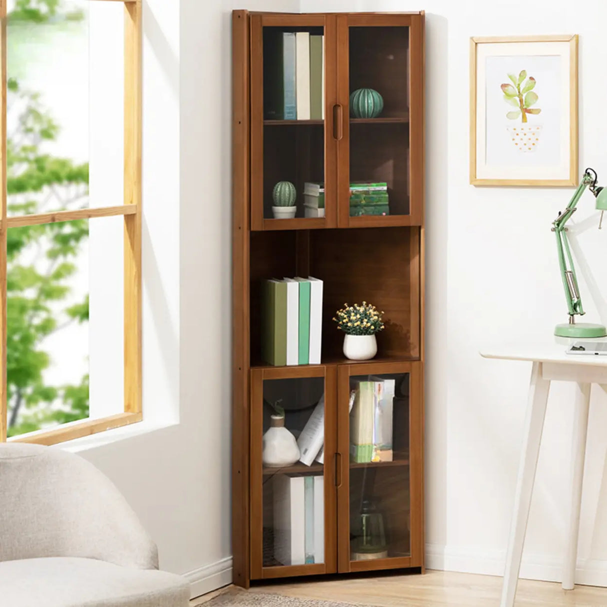 Simple Corner Wooden Green Storage Narrow Bookcase Image - 8