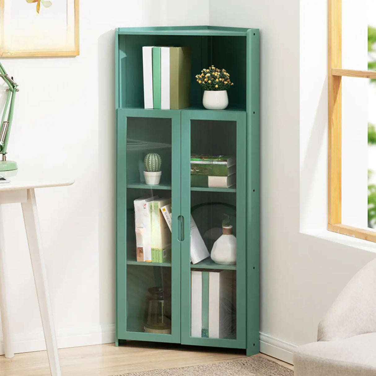 Simple Corner Wooden Green Storage Narrow Bookcase Image - 9
