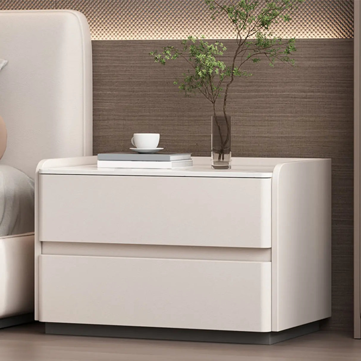 Simple Curved Wood Faux Leather Cream Storage Nightstand Image - 1