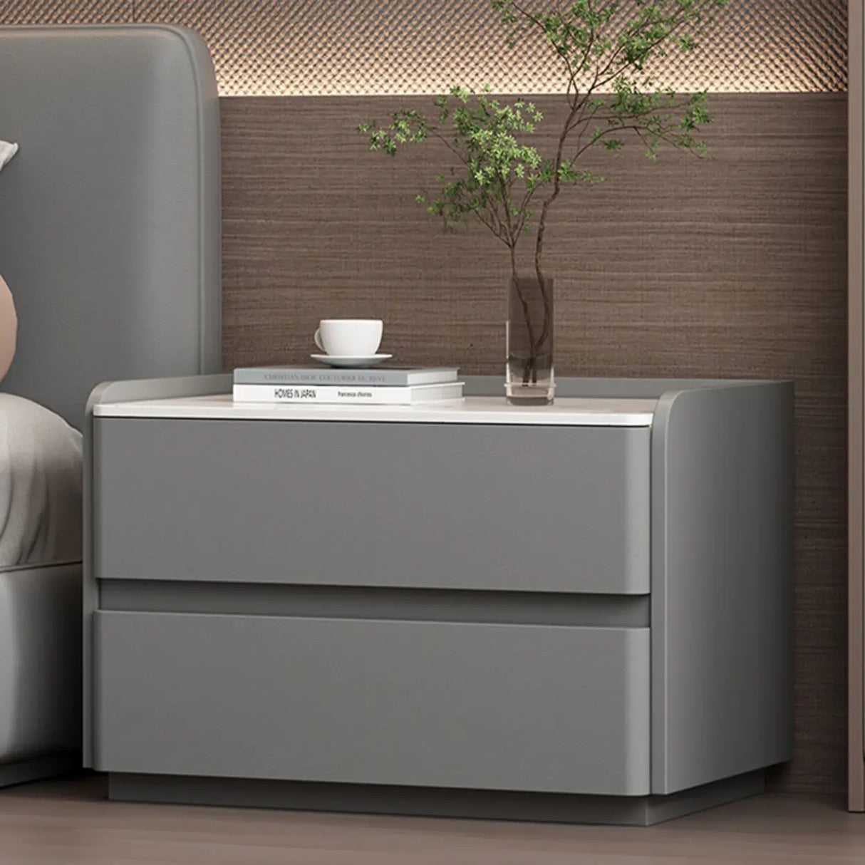 Simple Curved Wood Faux Leather Cream Storage Nightstand Image - 2