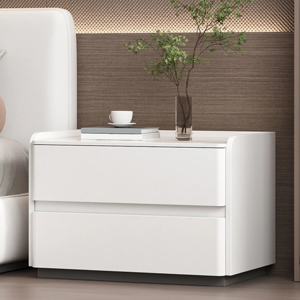 Simple Curved Wood Faux Leather Cream Storage Nightstand Image - 3