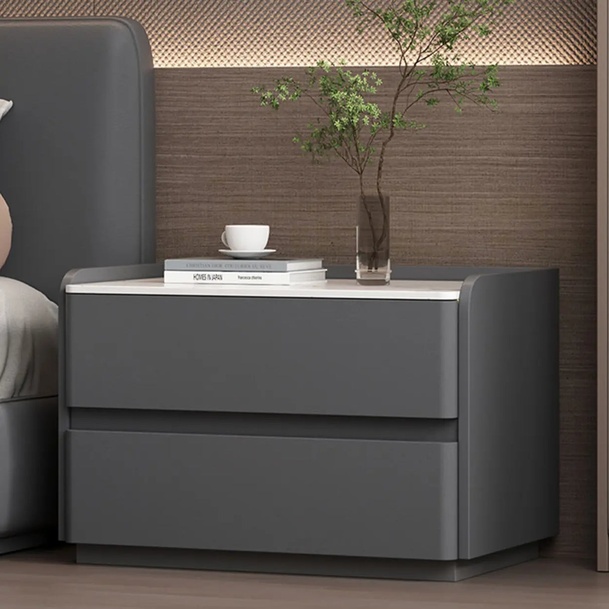 Simple Curved Wood Faux Leather Cream Storage Nightstand Image - 4