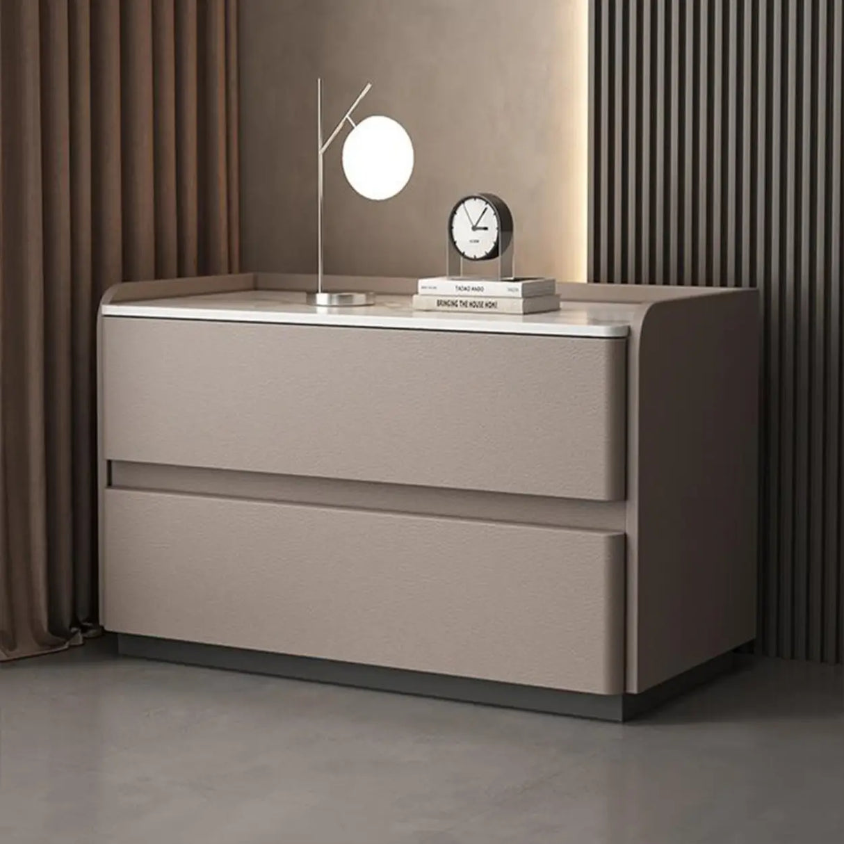 Simple Curved Wood Faux Leather Cream Storage Nightstand Image - 5