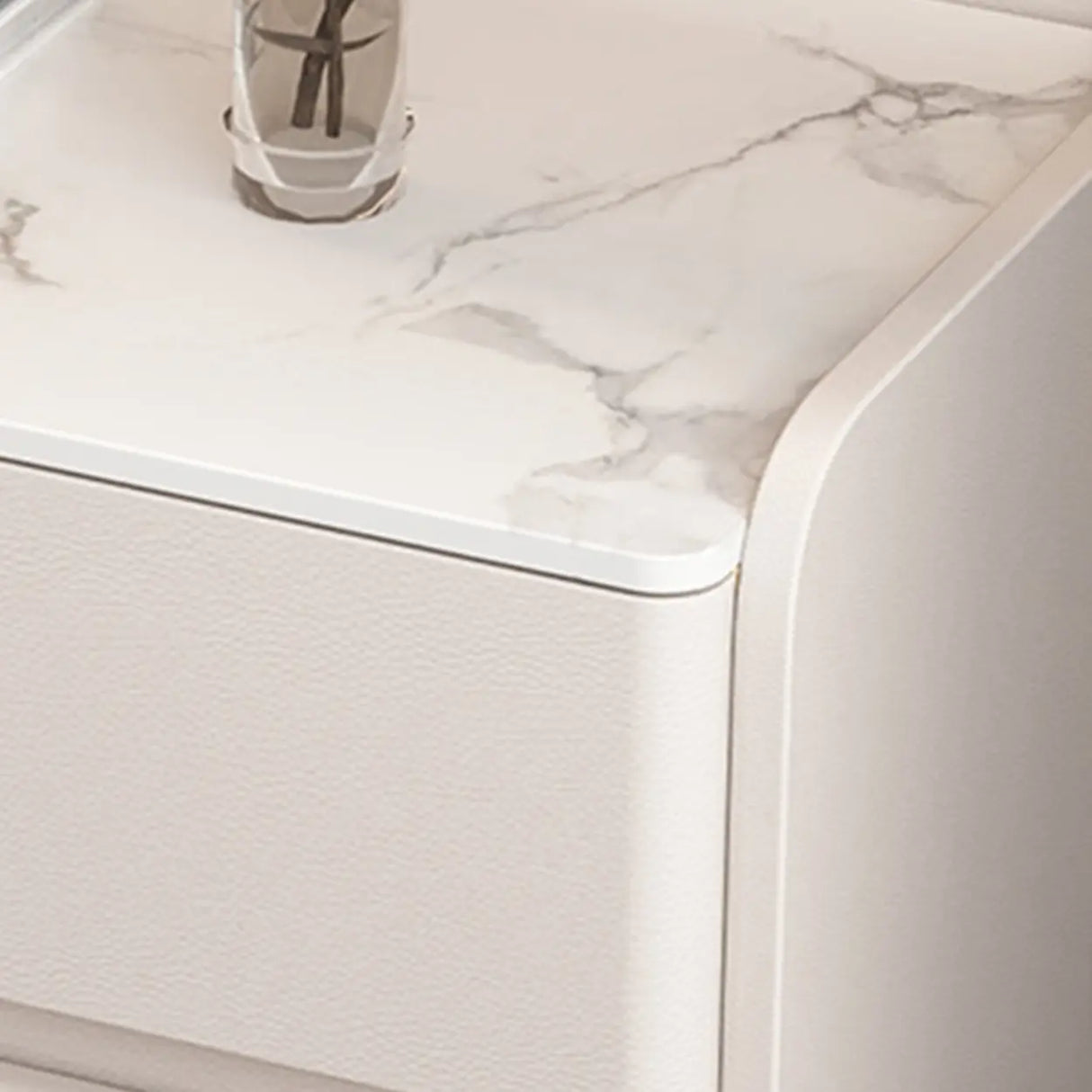 Simple Curved Wood Faux Leather Cream Storage Nightstand Image - 6