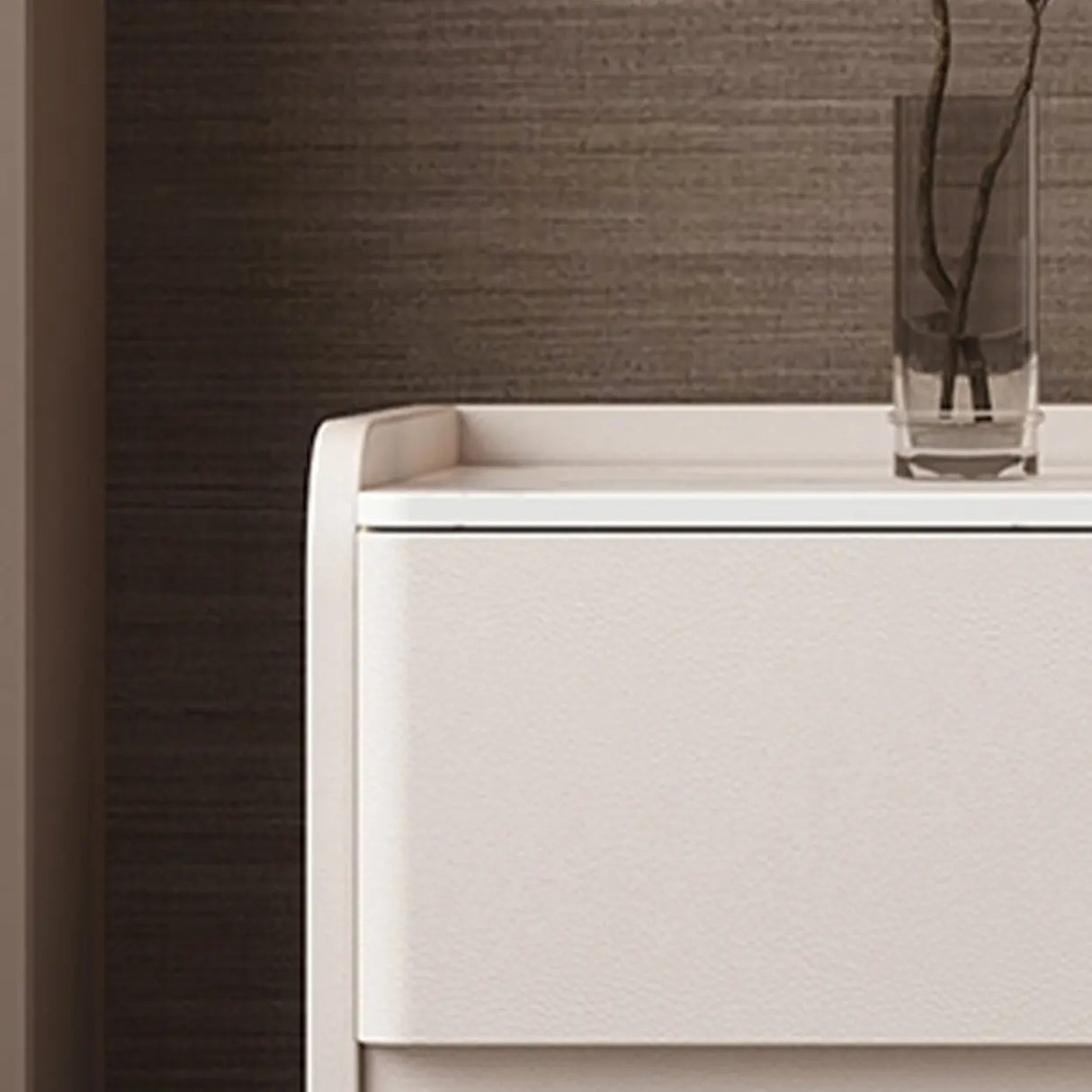 Simple Curved Wood Faux Leather Cream Storage Nightstand Image - 7