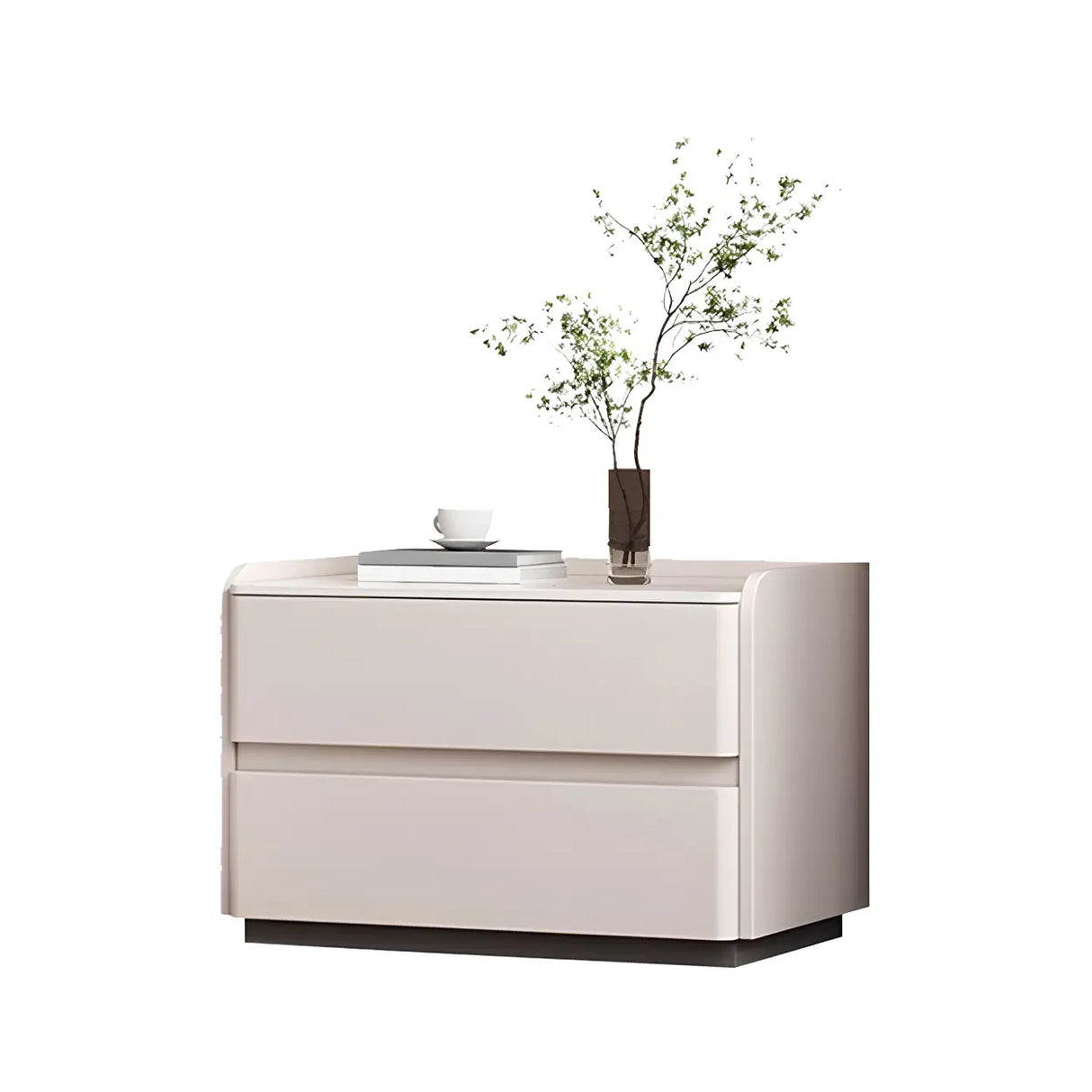 Simple Curved Wood Faux Leather Cream Storage Nightstand Image - 8