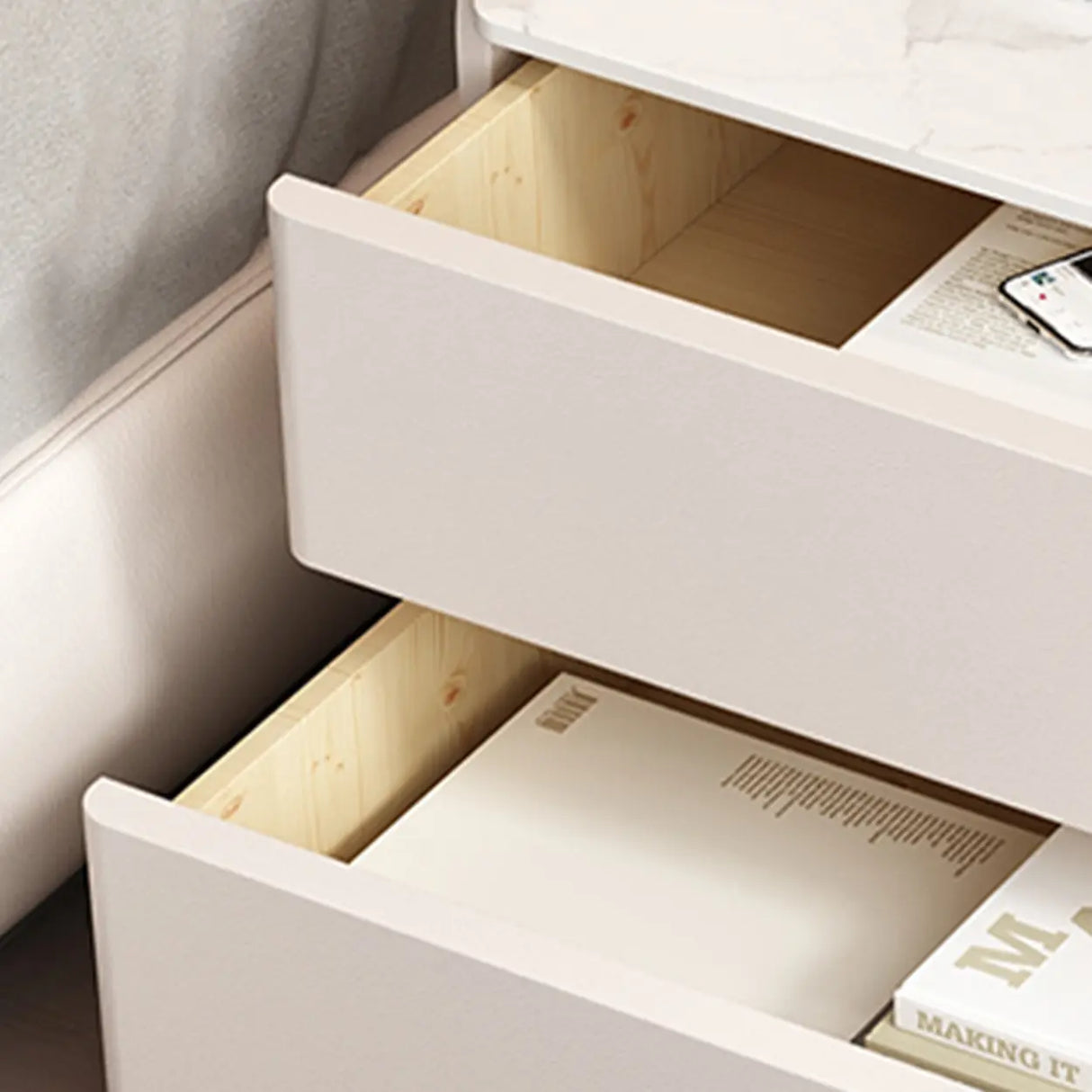 Simple Curved Wood Faux Leather Cream Storage Nightstand Image - 9