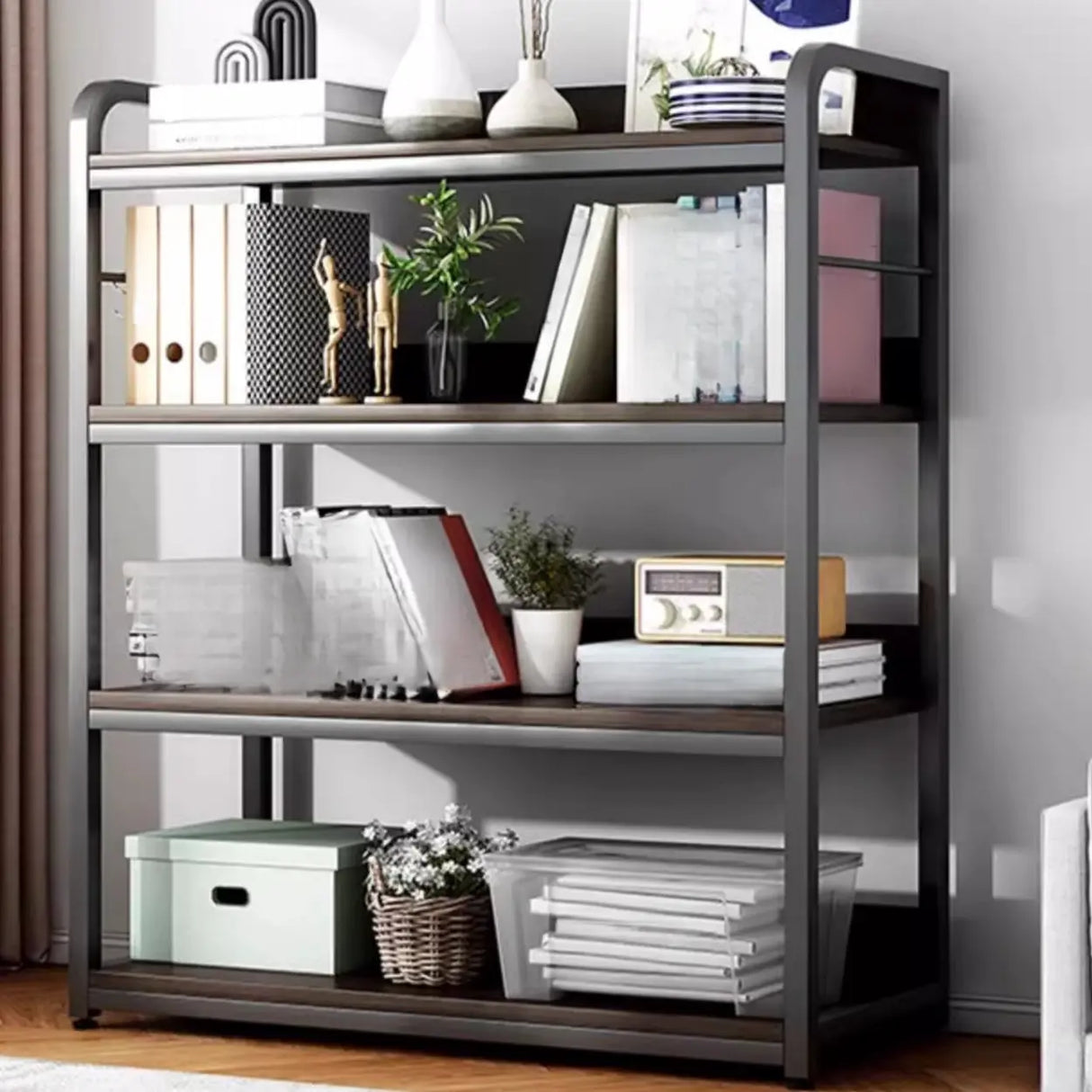 Simple Dark Finish Steel Open Back Vertical Bookshelf Image - 13