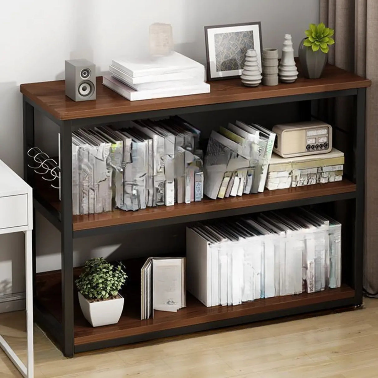 Simple Dark Finish Steel Open Back Vertical Bookshelf Image - 25