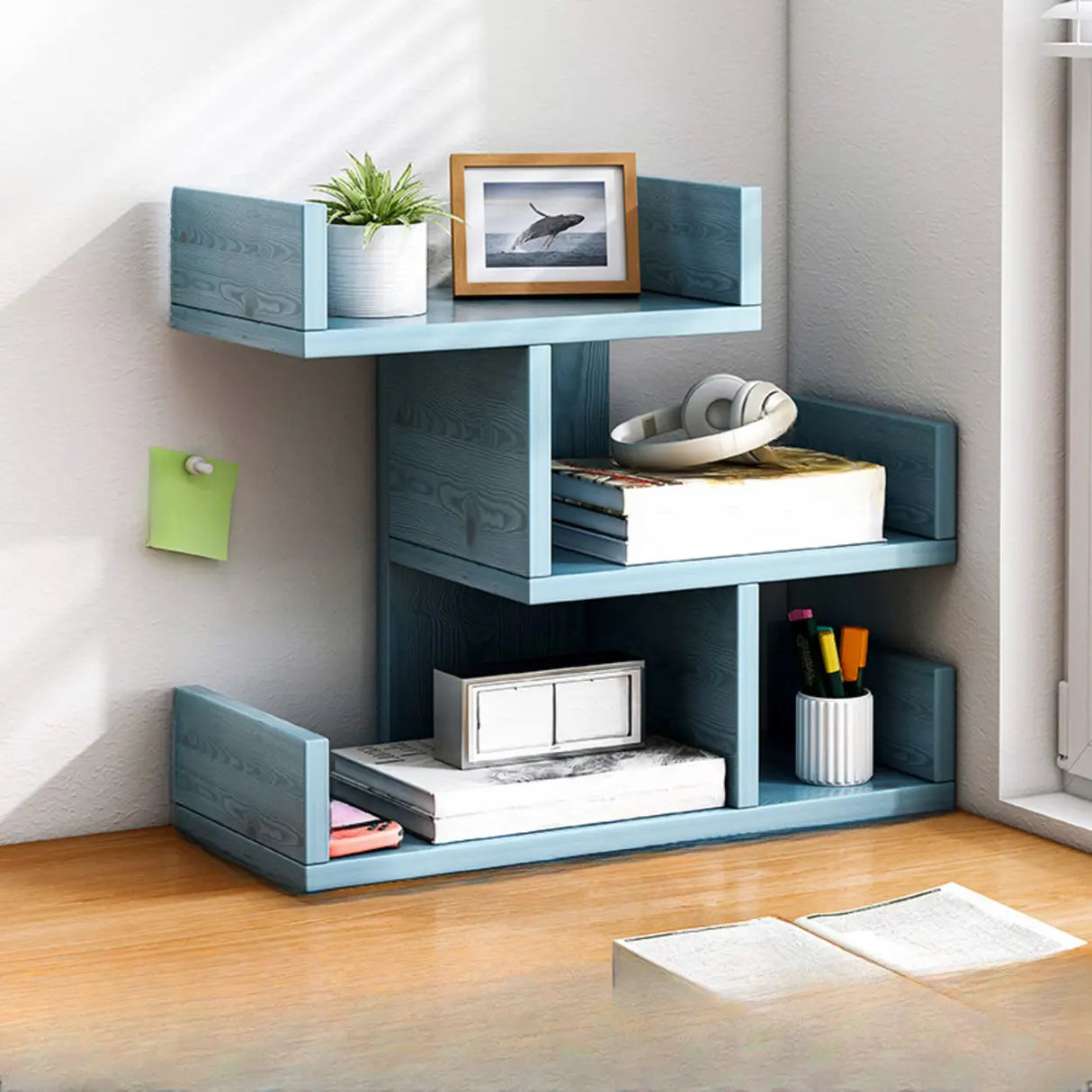 Simple Desktop Wood Open Shelves Zigzag Bookcase Brown Image - 10