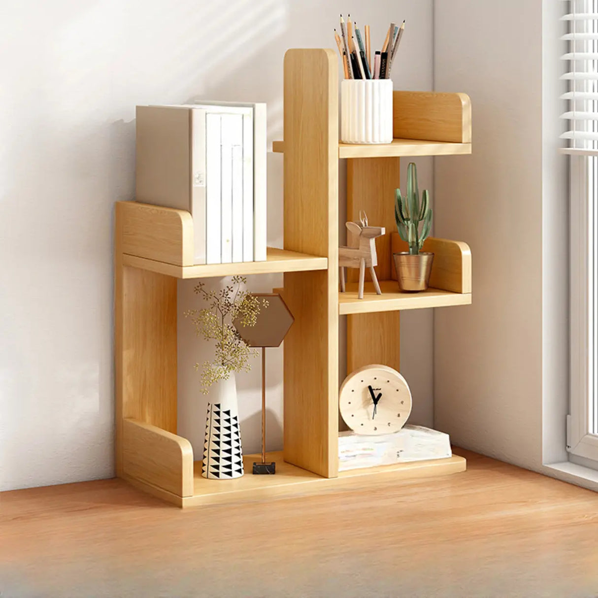 Simple Desktop Wood Open Shelves Zigzag Bookcase Brown Image - 12