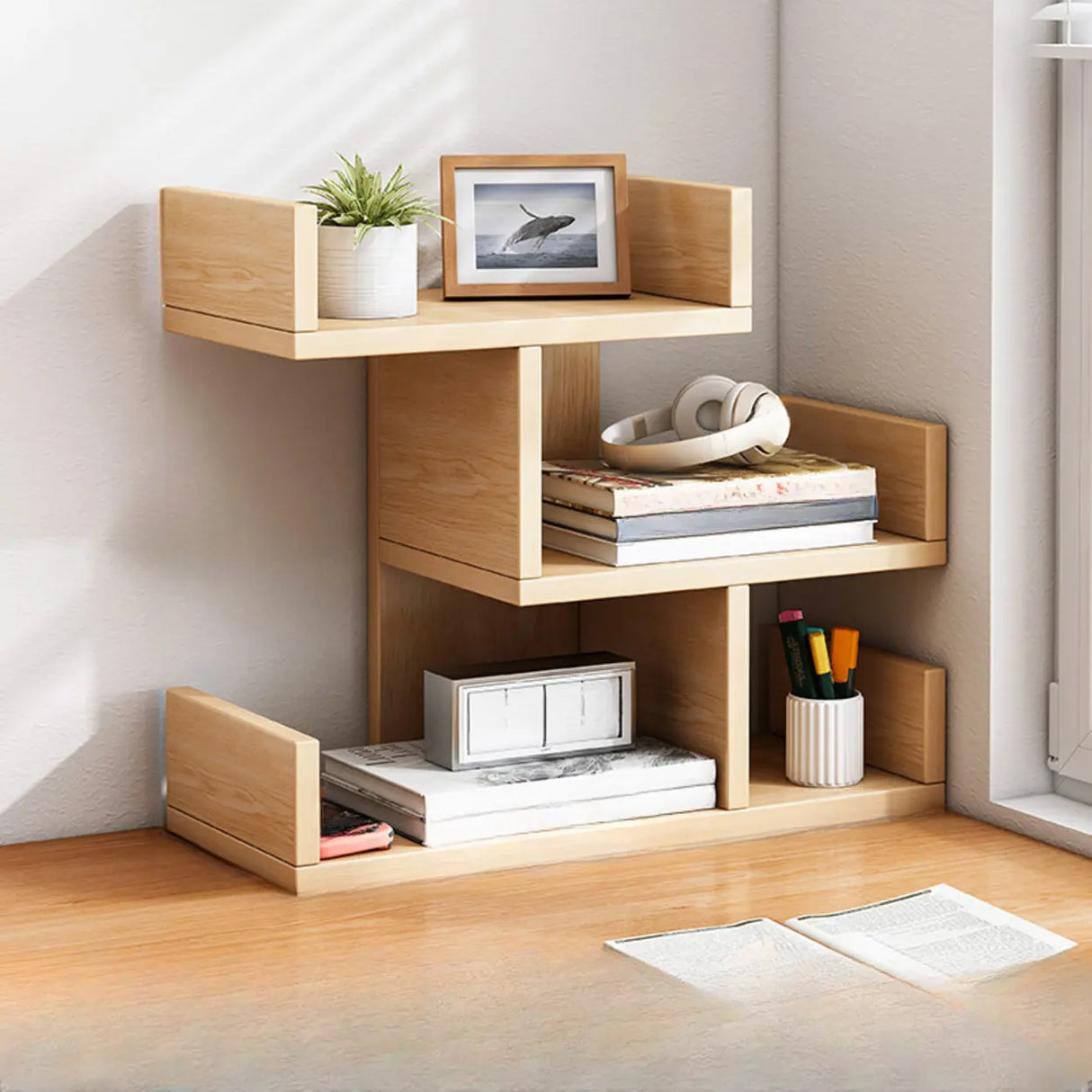 Simple Desktop Wood Open Shelves Zigzag Bookcase Brown Image - 14