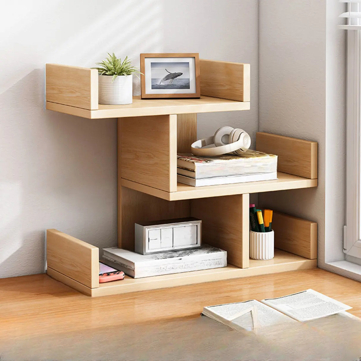 Simple Desktop Wood Open Shelves Zigzag Bookcase Brown Image - 15