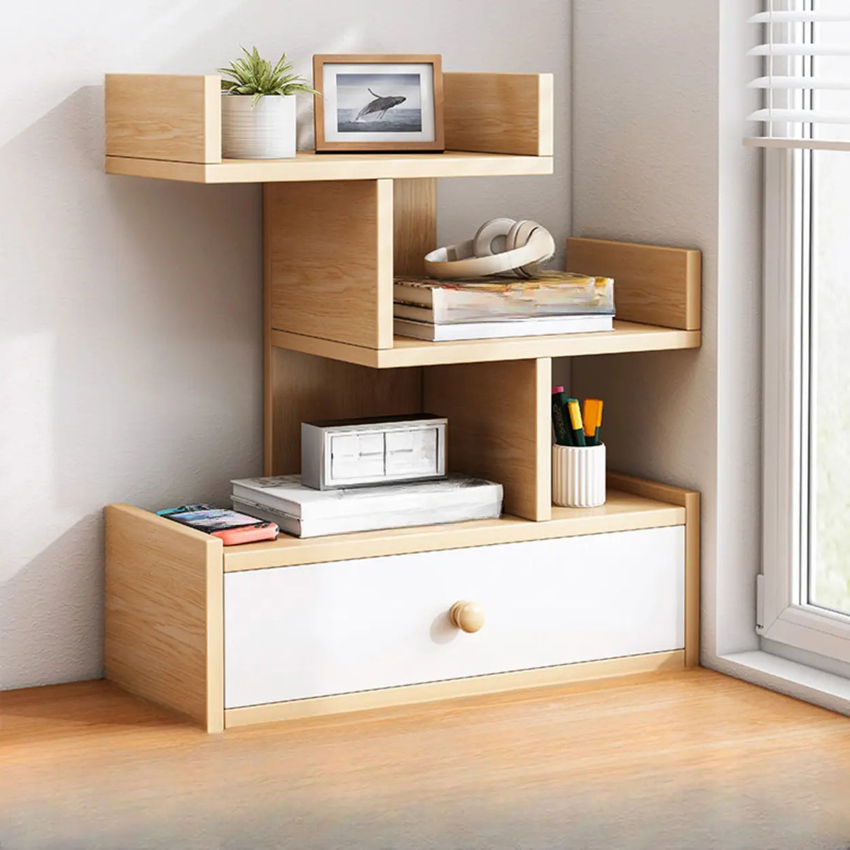 Simple Desktop Wood Open Shelves Zigzag Bookcase Brown Image - 16