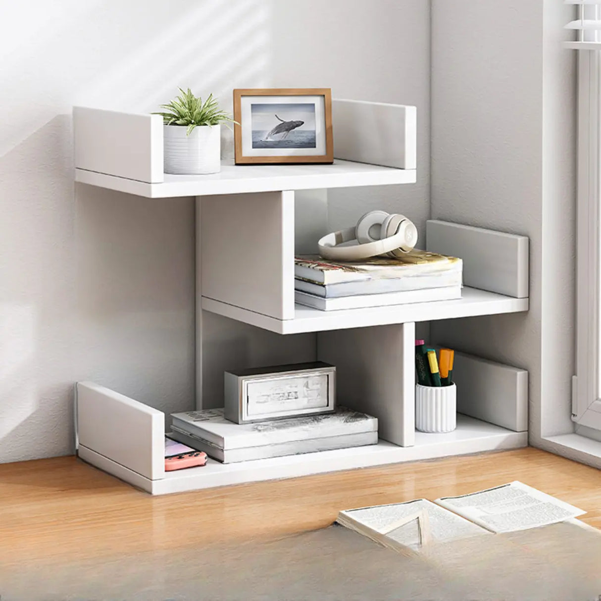 Simple Desktop Wood Open Shelves Zigzag Bookcase Brown Image - 18