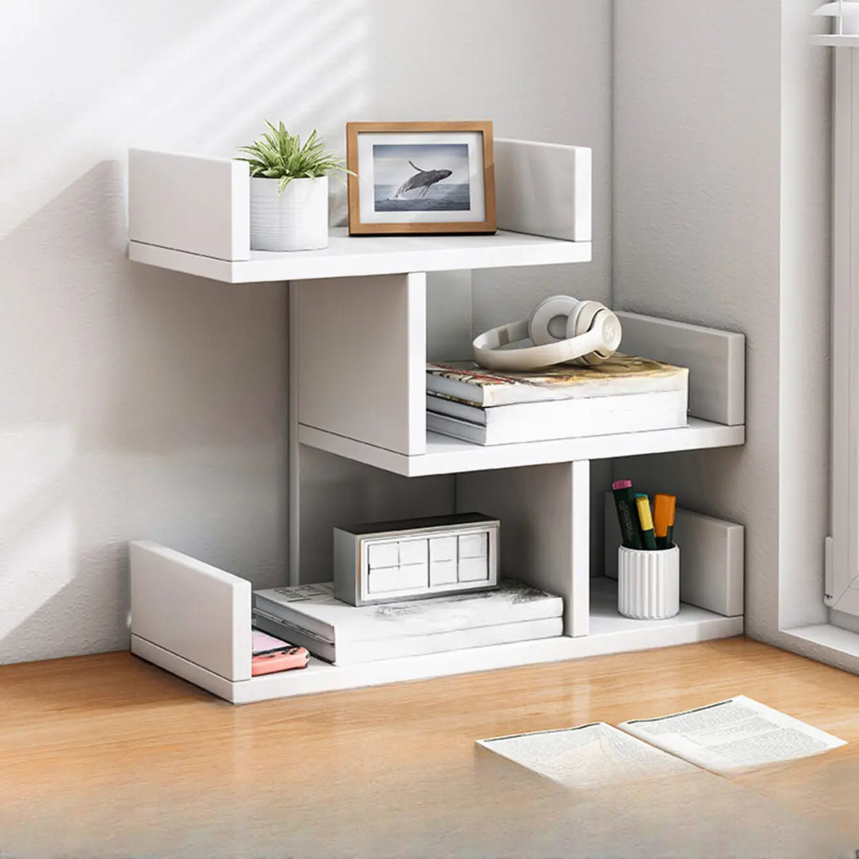 Simple Desktop Wood Open Shelves Zigzag Bookcase Brown Image - 19