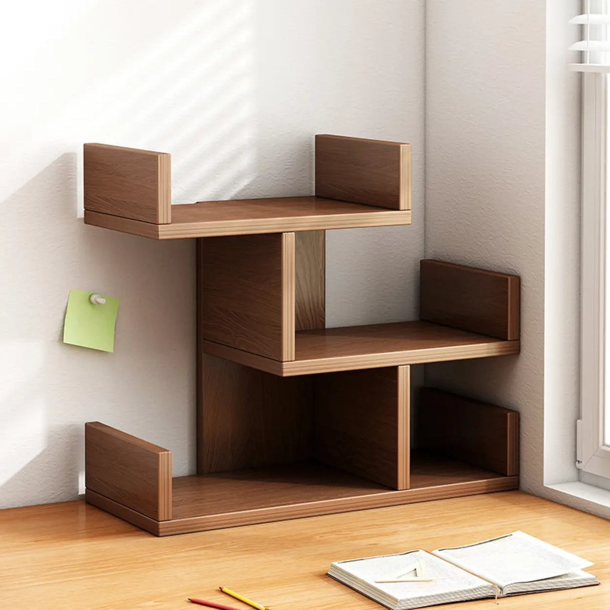 Simple Desktop Wood Open Shelves Zigzag Bookcase Brown Image - 1