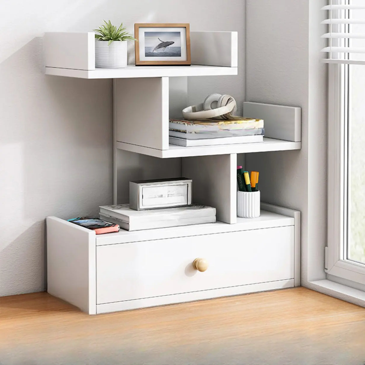 Simple Desktop Wood Open Shelves Zigzag Bookcase Brown Image - 20