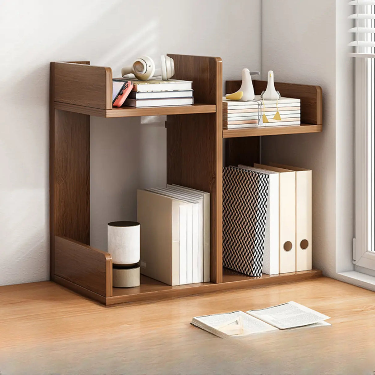 Simple Desktop Wood Open Shelves Zigzag Bookcase Brown Image - 21