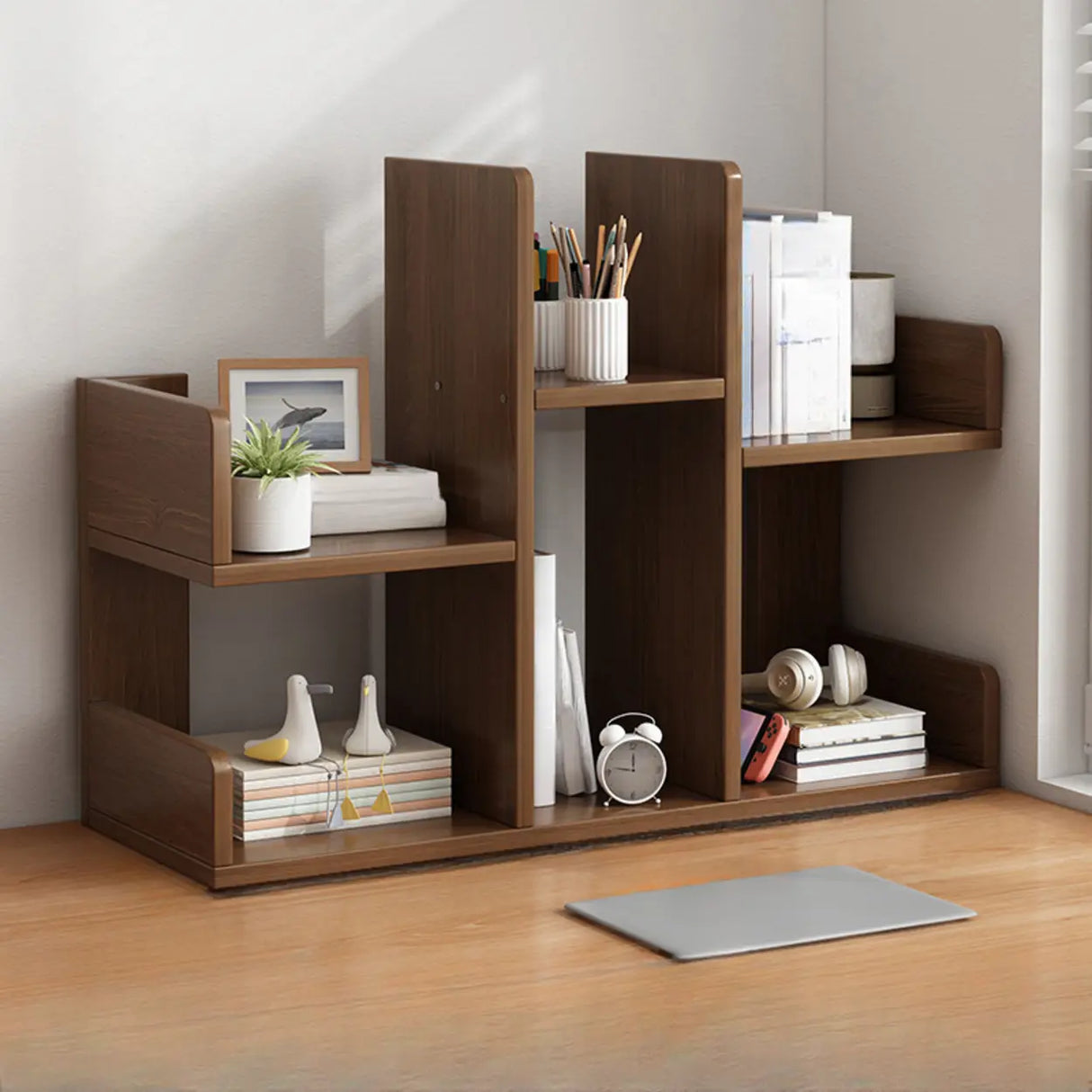 Simple Desktop Wood Open Shelves Zigzag Bookcase Brown Image - 22