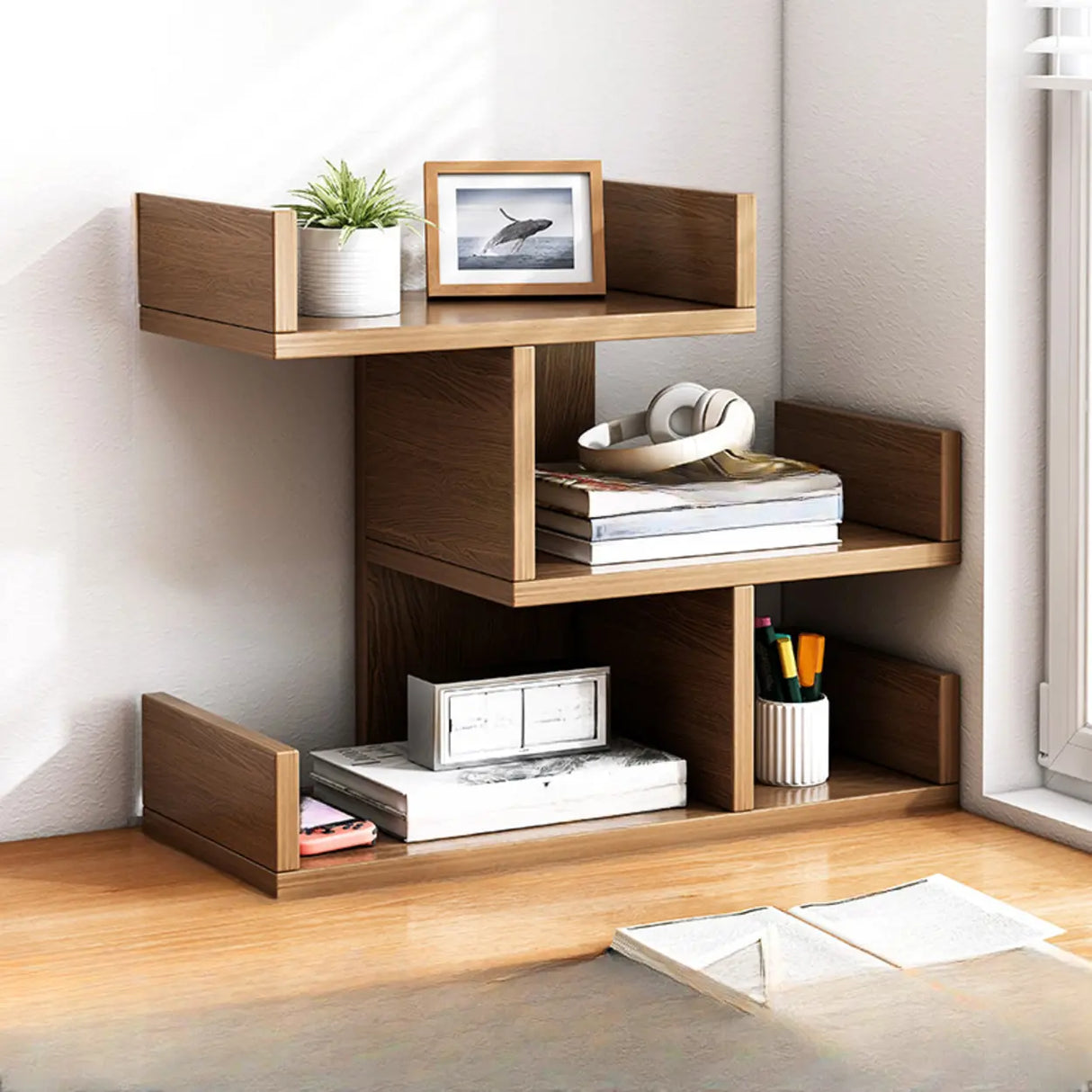 Simple Desktop Wood Open Shelves Zigzag Bookcase Brown Image - 23