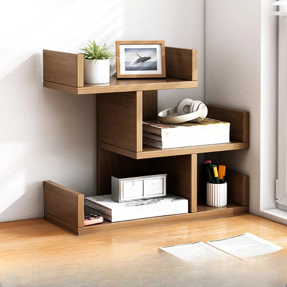 Simple Desktop Wood Open Shelves Zigzag Bookcase Brown Image - 24