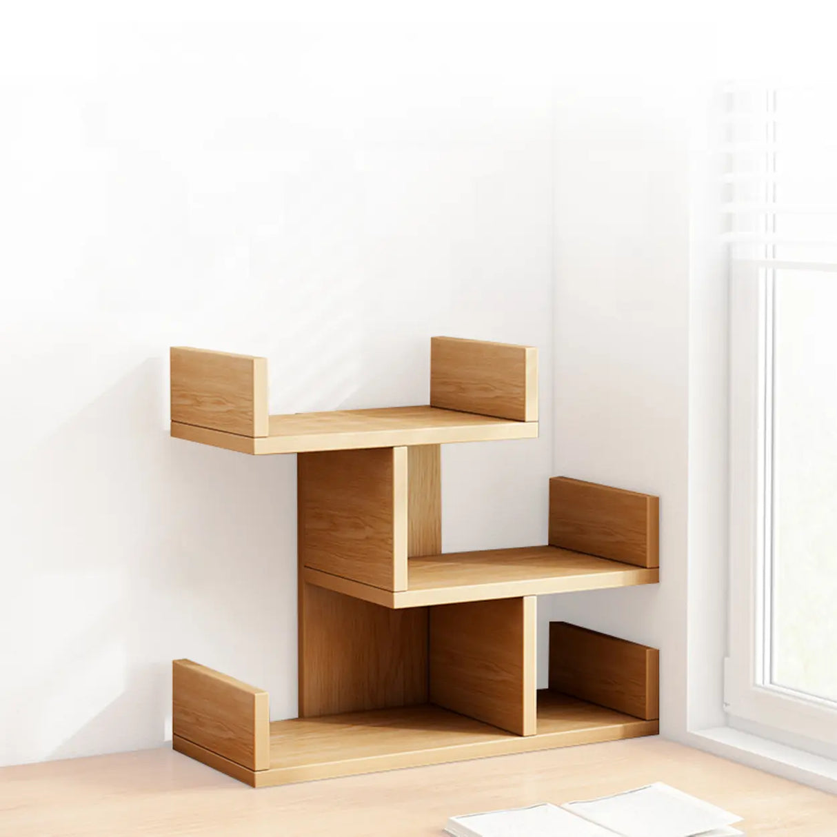 Simple Desktop Wood Open Shelves Zigzag Bookcase Brown Image - 3
