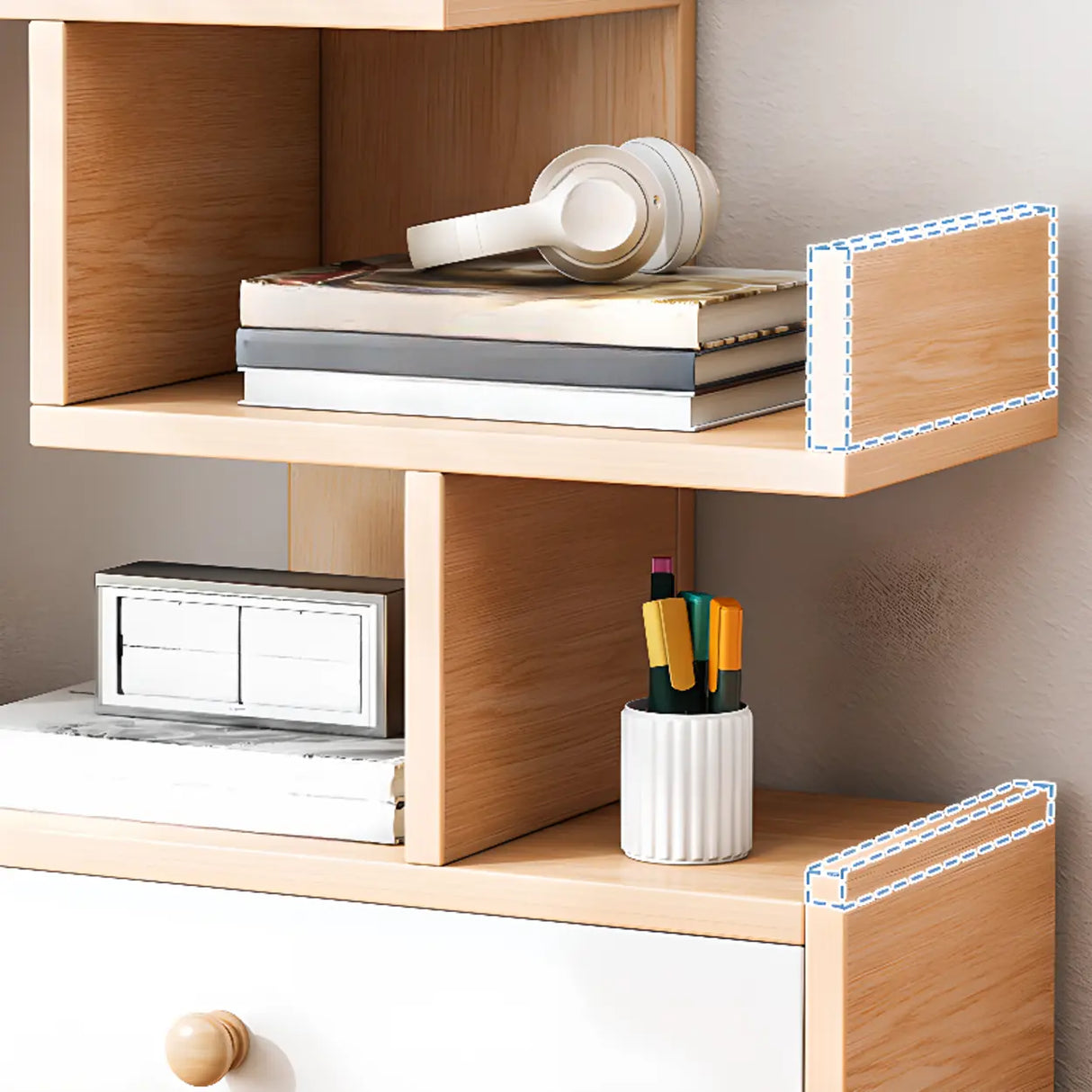 Simple Desktop Wood Open Shelves Zigzag Bookcase Brown Image - 4