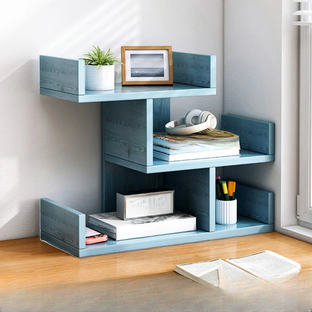 Simple Desktop Wood Open Shelves Zigzag Bookcase Brown Image - 9