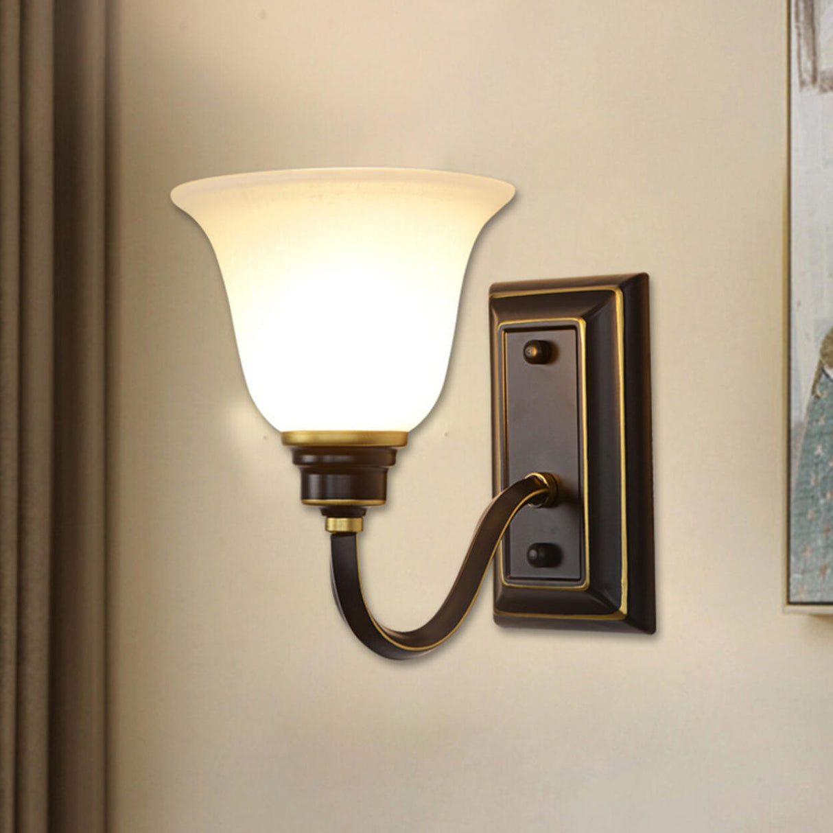 Simple Frosted Bell Glass Bronze Vanity Sconce Light Image - 4