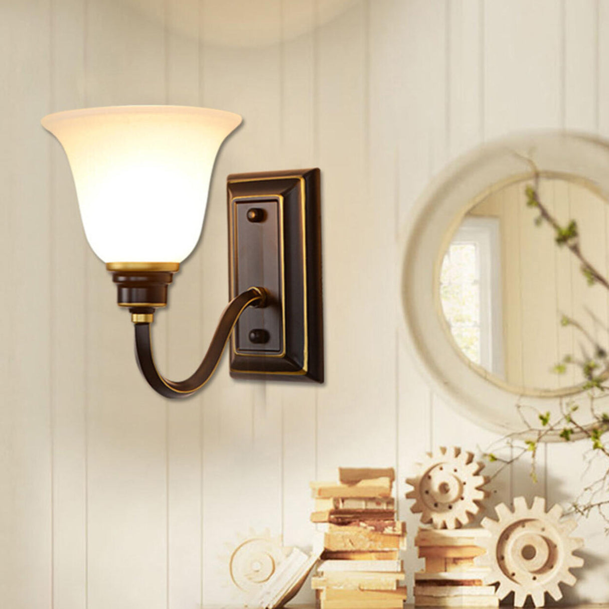 Simple Frosted Bell Glass Bronze Vanity Sconce Light Image - 6