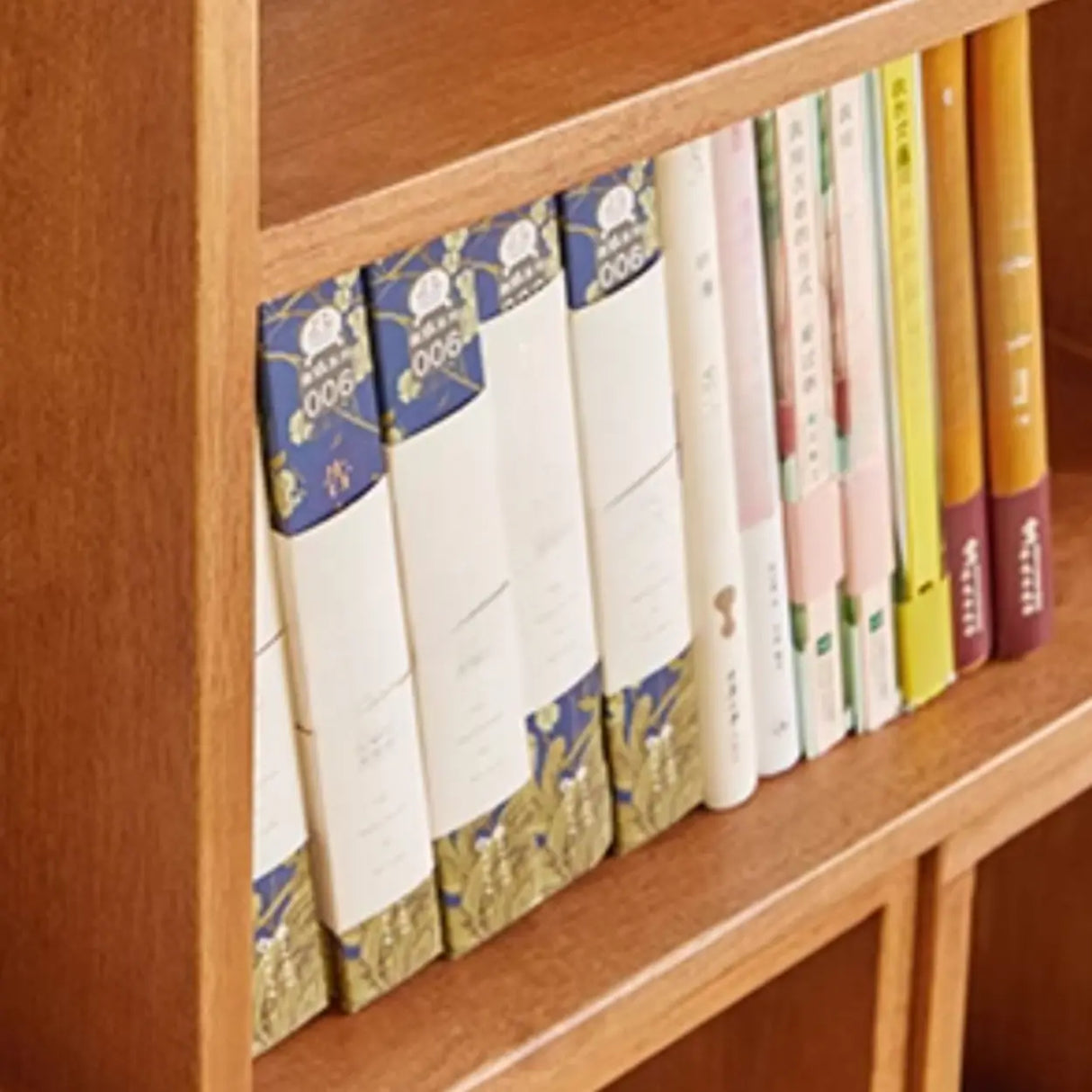 Simple Geometric Natural Wooden Open Wide Bookshelf Image - 5