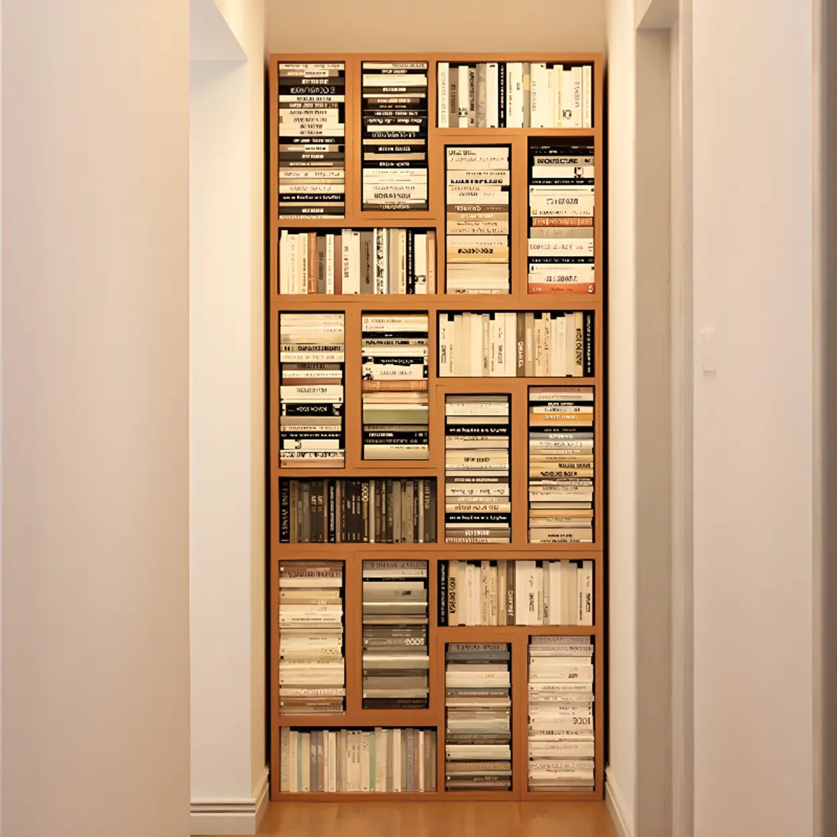 Simple Geometric Natural Wooden Open Wide Bookshelf Image - 6