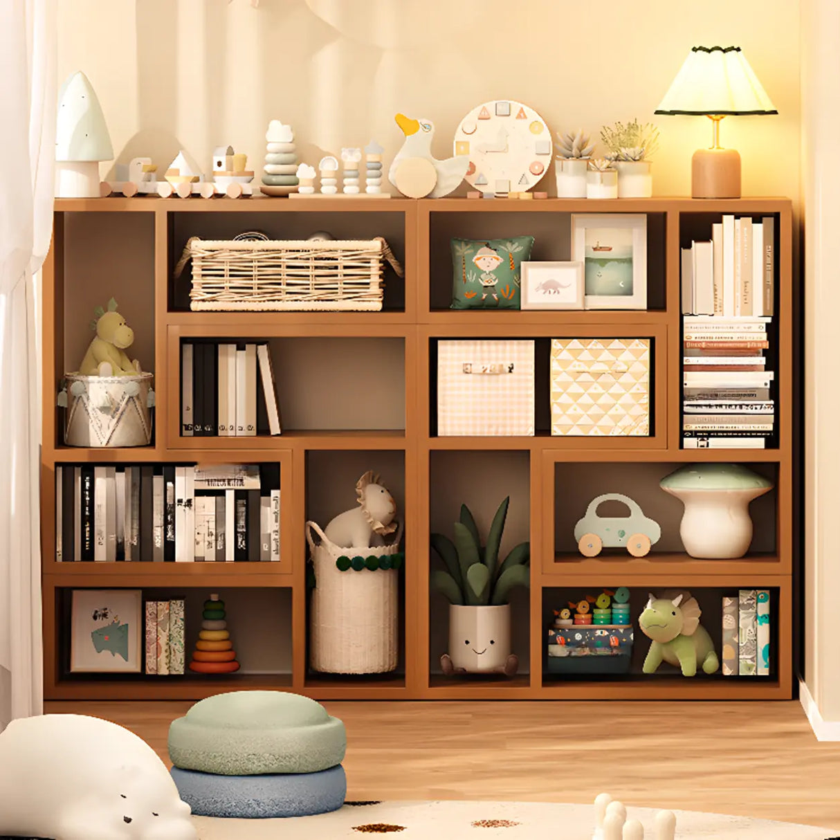 Simple Geometric Natural Wooden Open Wide Bookshelf Image - 8