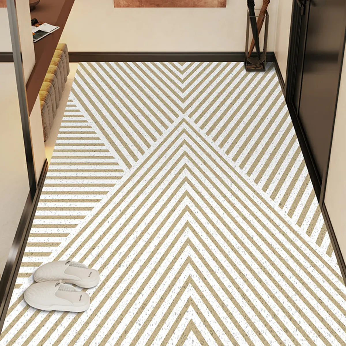 Simple Geometric Vinyl Beige Medium Non-Slip Area Rug Image - 5