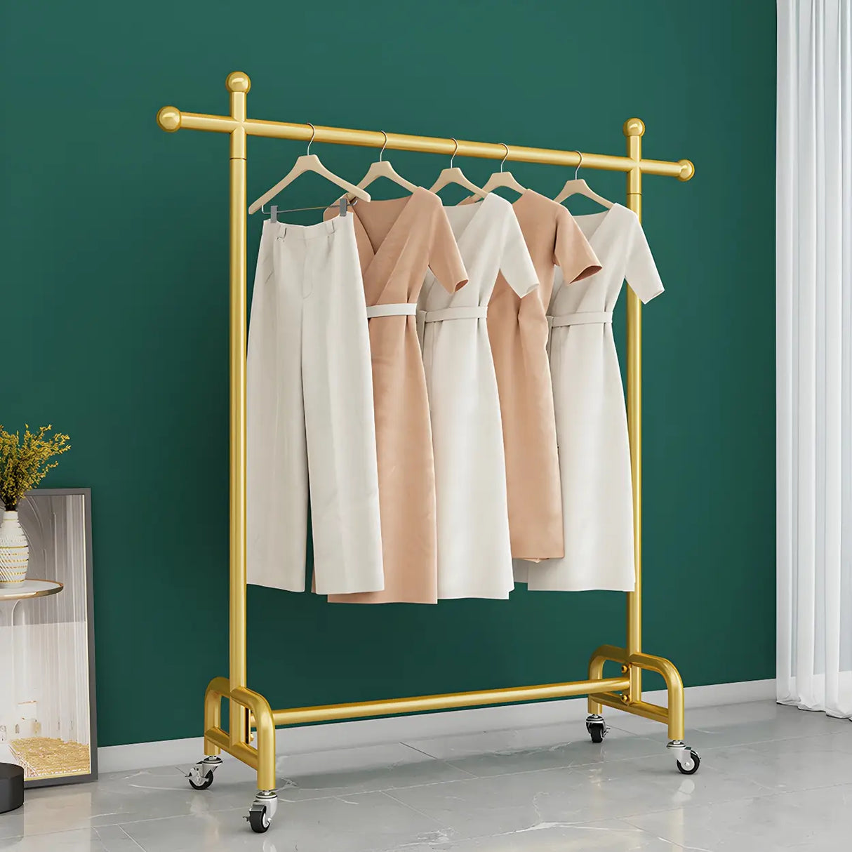 Simple Gold Metal Rolling Coat Rack with Hooks and Casters Image - 1